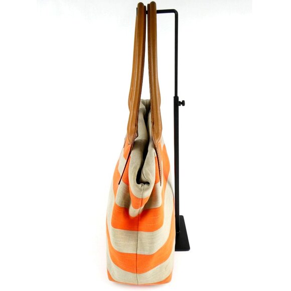 Kate Spade New York Orange & Khaki Striped Canvas Tote Bag With Leather Handles - Picture 3 of 15